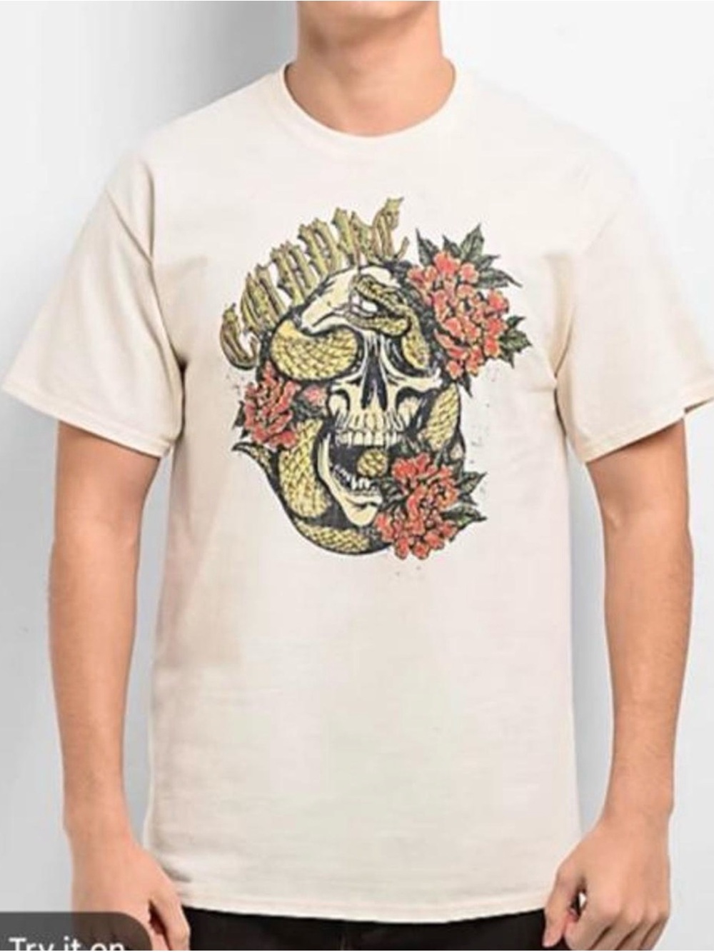 Empyre Cream Short-Sleeve Tee with Skull, Snake & Floral Graphic
